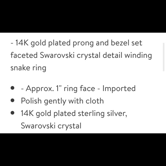 Adornia brand 14k gold plated Swarovski crystal bezeled snake ring. Size 5 - Picture 4 of 7
